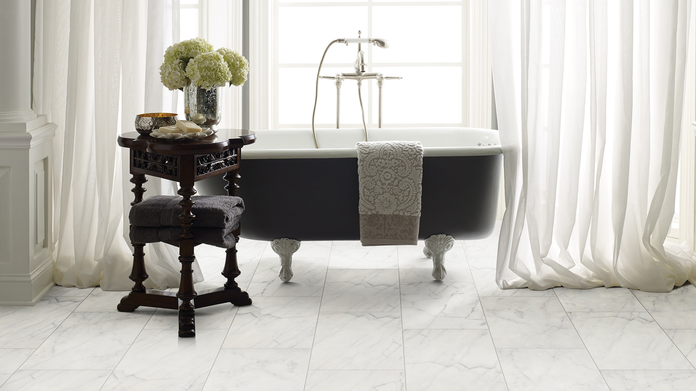 Tile flooring in a bathroom.